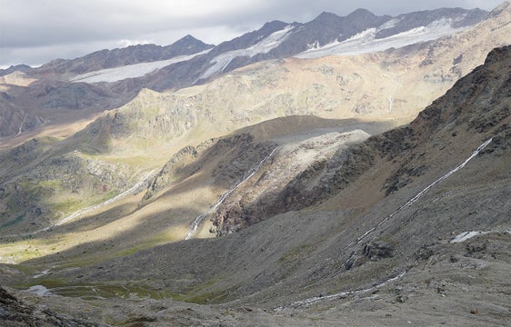 Nachher: Hinteres Martelltal im Jahr 2018, mit Zufallferner, Hohenferner, Ultenmarktferner, Schranferner (Foto: Agentur für Bevölkerungsschutz/Amt für Hydrologie und Stauanlagen/Ausstellung Goodbye Glaciers)