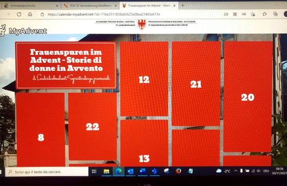 Col calendario “Storie di donne in Avvento”, l’obiettivo è di far riflettere giorno dopo giorno, fino a Natale, sul ruolo delle donne nella tutela dei beni culturali in Alto Adige e di seguire un percorso alla ricerca di tracce di figure femminili nei documenti storici e nel patrimonio culturale in territorio altoatesino. (Foto/ASP)