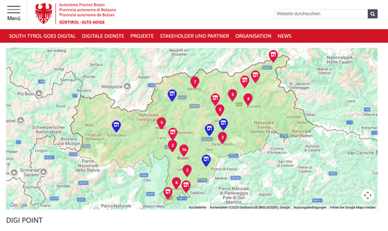 Die Karte mit den bereits eingerichteten DigiPoints in Südtirol wird immer dichter: Heuer sollen noch weitere Anlaufstellen für die Beratung in digitalen Fragen hinzukommen. (Quelle: Land Südtirol)