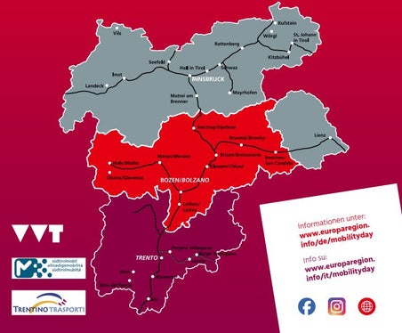 Il 25 maggio 2024, tutti i possessori dell‘EuregioFamilyPass e/o di un abbonamento per il trasporto pubblico locale annuale, semestrale e, per il Trentino, anche mensile e settimanale, in corso di validità in Tirolo, Alto Adige e Trentino potranno scoprire l’intera Euregio in modo comodo, sicuro e senza code. (Foto: Euregio)