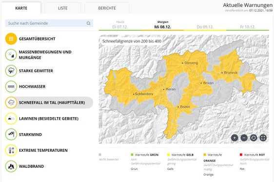 Aus dem Warnlagebericht des Landeswarnzentrums in der Agentur für Bevölkerungsschutz geht hervor, dass morgen (Mittwoch, 8. Dezember) flächendeckend Schneefälle im Tal zu erwarten sind. (Quelle: Warnlagebericht Landeswarnzentrum in der Agentur für Bevölkerungsschutz)