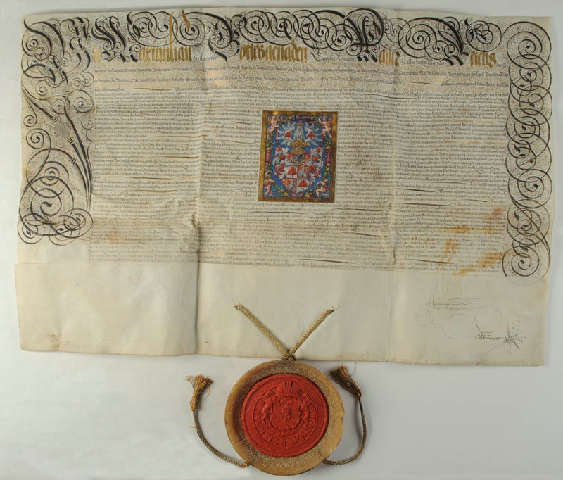 Kaiserliche Wappenbesserung für die Rottenbucher aus dem Jahr 1573, Südtiroler Landesarchiv, Archiv Lachmüller (Foto: Landesarchiv)