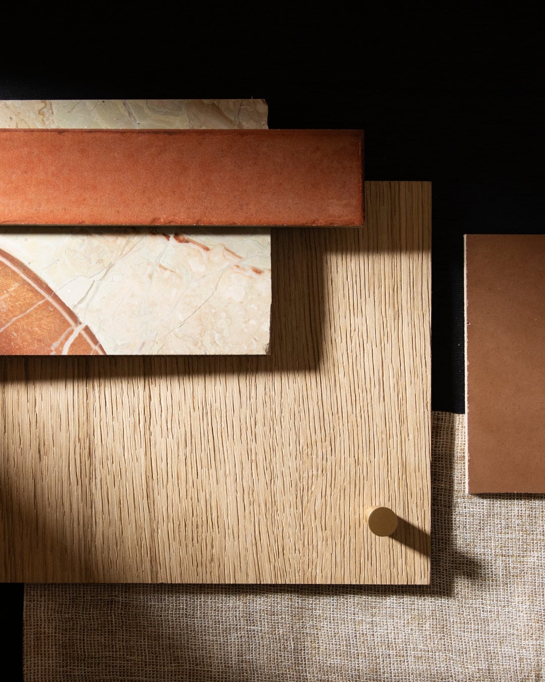Moodboard of Querkus wood veneer collection - earthy tones - marble - terra cotta - adagio