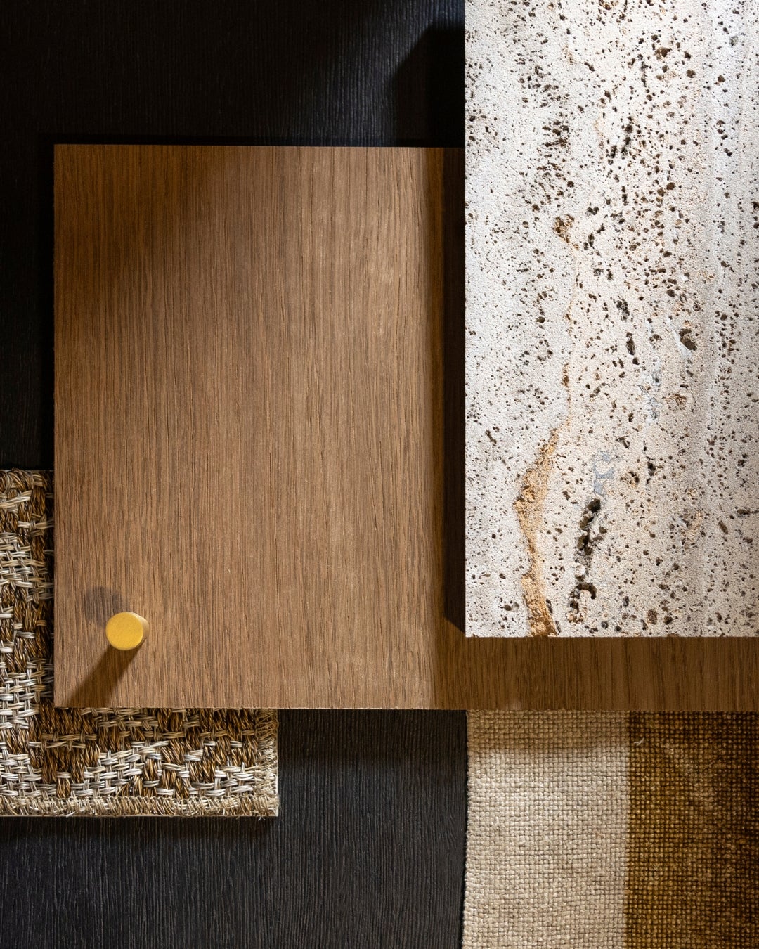 Moodboard of Querkus wood veneer collection - earthy tones - marble - cammello
