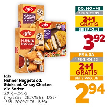 Iglo Hühner Nuggets od. Sticks od. Crispy Chicken div. Sorten
220 g–250 g
(1 kg 23.56–26.77/15.68–17.82/17.68–20.09/13.76–15.68)
 
DO, MO-MI 1 PKG. €5.89
2+1 GRATIS BEI 3 PKG. JE 3,92
 
FR & SA 1 PKG. €4.42
2+1 GRATIS BEI 3 PKG. JE 2,94