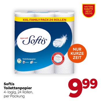 Softis
 Toilettenpapier
 4-lgig, 24 Rollen,
 per Packung

9,99
NUR KURZE ZEIT

WEITERE RABATTE NICHT GÜLTIG