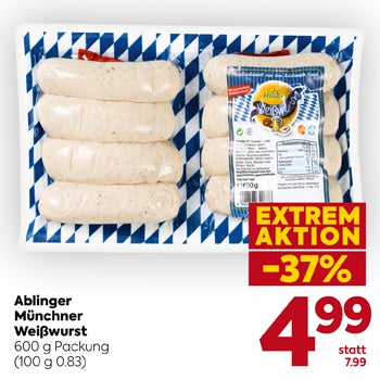 Ablinger Münchner Weißwürst
600 g Packung
(100 g 0.83)
 
EXTREM AKTION -37%
4,99 statt 7,99