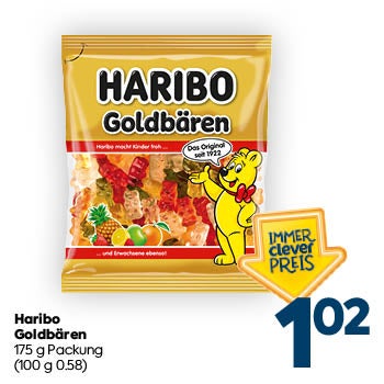 Haribo
 Goldbären
 175 g Packung
 (100 g 0.58)

IMMER clever PREIS
 1,02