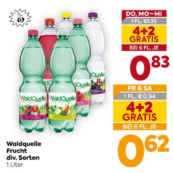 Waldquelle Frucht div. Sorten 1 Liter

DO, MO-MI 1 FL. €1.25
4+2 GRATIS BEI 6 FL. JE 0,83

FR & SA 1 FL. €0.94
4+2 GRATIS BEI 6 FL. JE 0,62

Einwegpfand