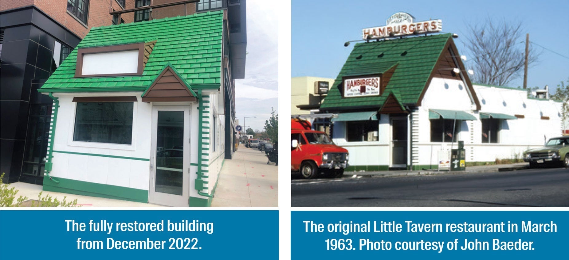 Comparison of two images showing the restored Little Tavern restaurant in December 2022 on the left, and the original restaurant in March 1963 on the right.