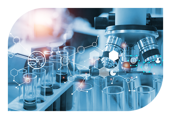 A microscope with test tubes and a graphic of hexagons