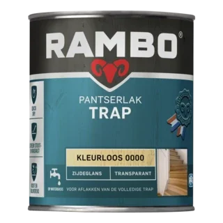 Een blik verf met een blauw-wit etiket en tekst "Pantserlak Trap"