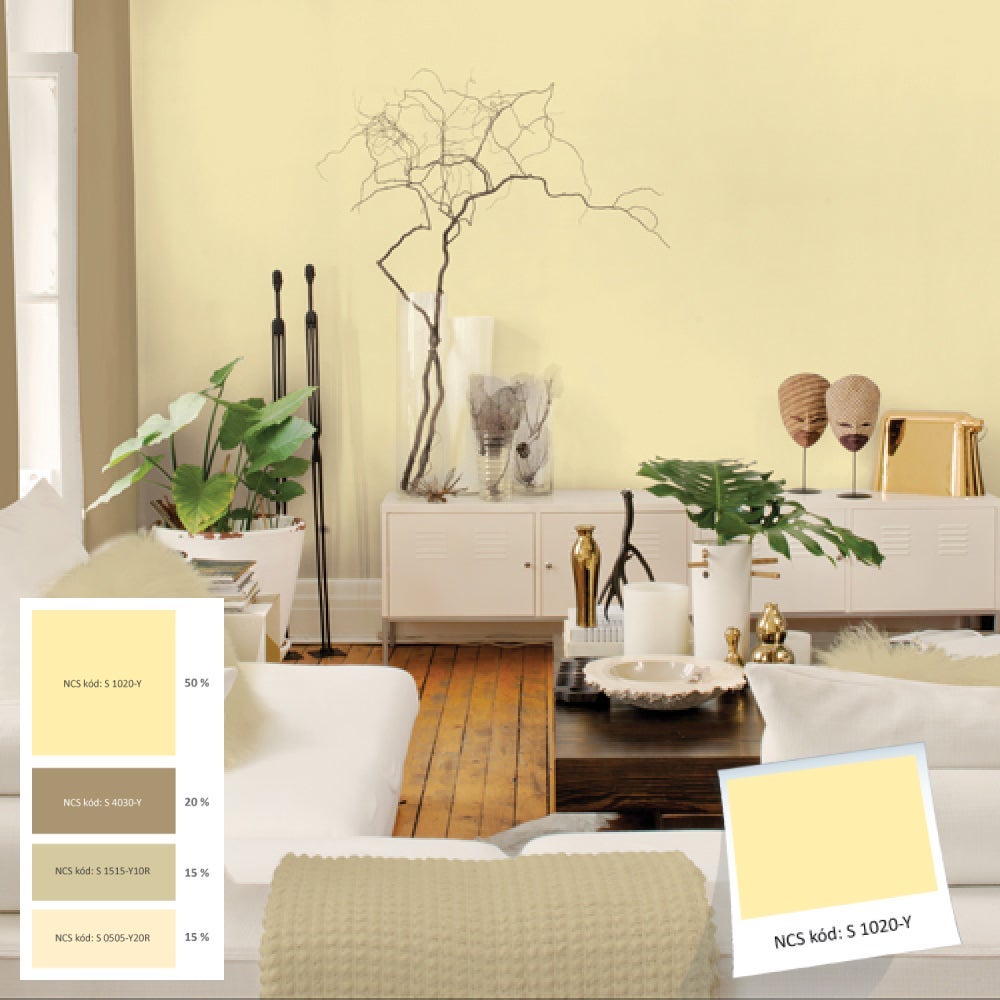 Místnost s bílým nábytkem a žlutými stěnami