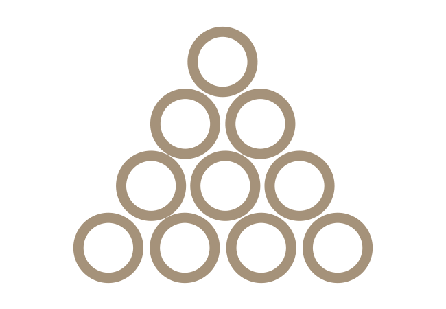 Triangle of circles with brown edges to represent powder coatings