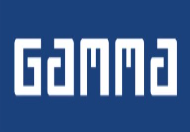 Een blauw-wit logo met de tekst "Gamma"
