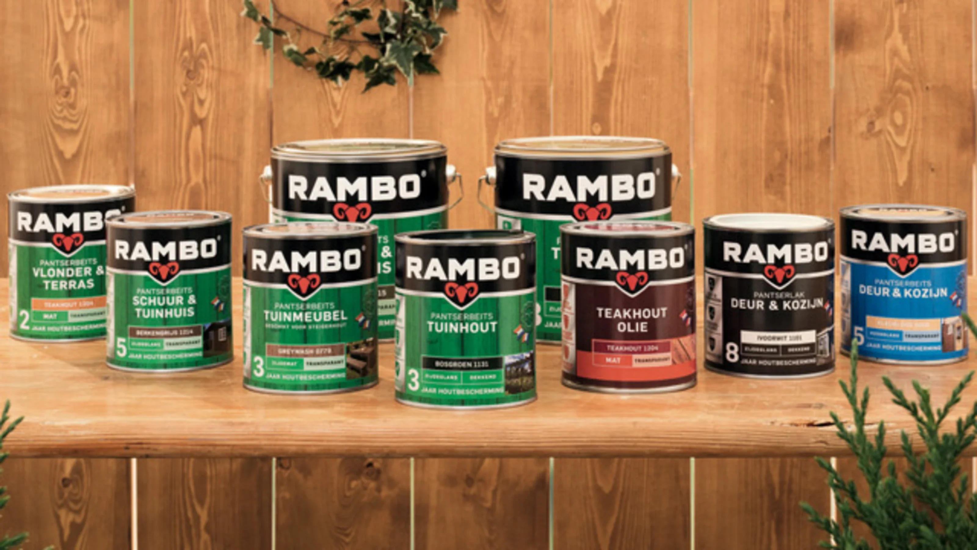 Assortiment Rambo-producten voor het beschermen en onderhouden van hout