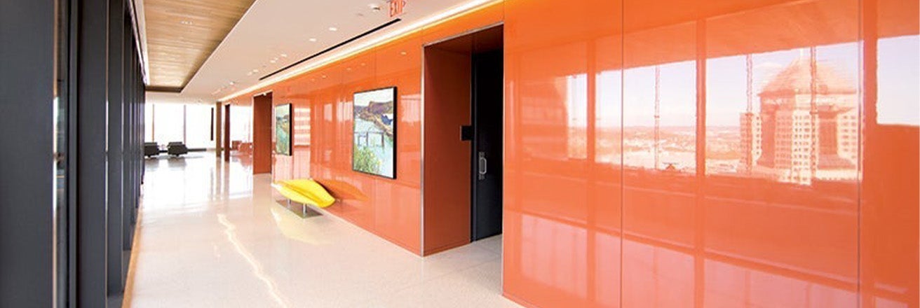 Open hallway against an orange wall background