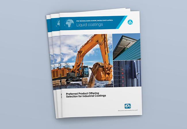 Pile of brochures showing the preferred product offerings for liquid coatings illustrated by a yellow digger