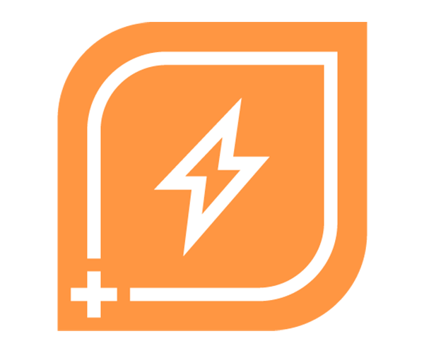 A logo with a lightning bolt