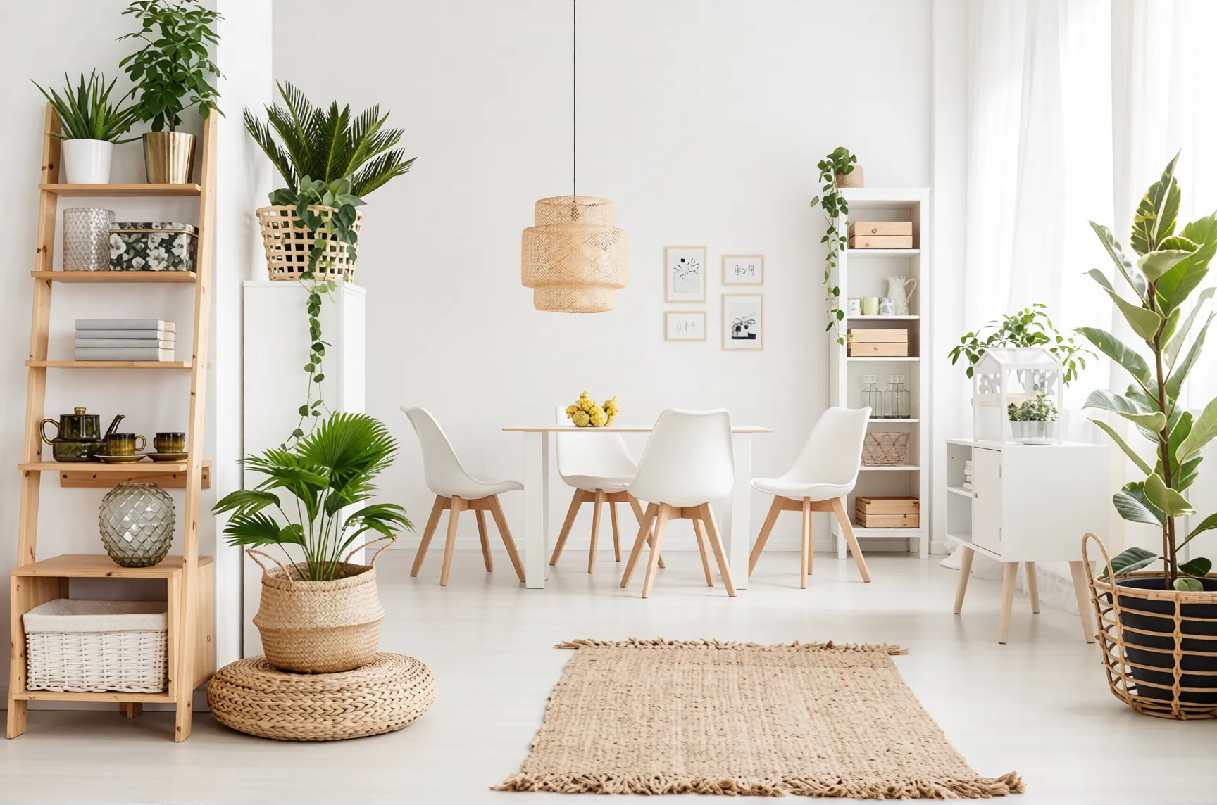 O cameră cu mobilier alb și plante