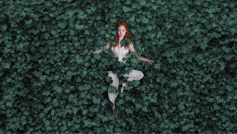 A person wearing a white dress with floral patterns blending into a dense bed of ivy leaves