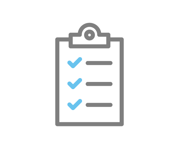 Grey clipboard icon with blue ticks against action lines