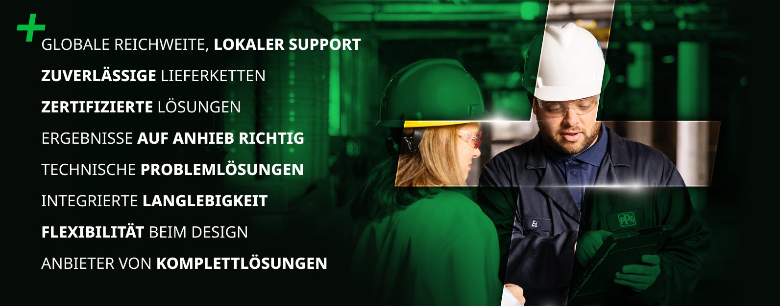 Power of a Partner image with green tint and a clear plus symbol showing a man and a woman wearing hard hats and carrying clip boards. Image overlay of key callouts in German