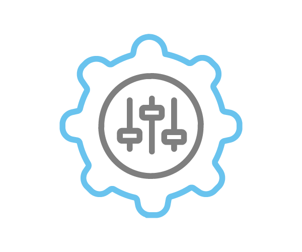 Blue cog icon with grey internal circle and lines to reflect comprehensive action