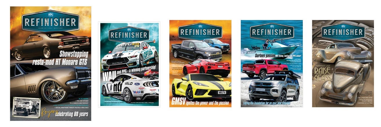 Arrangement of The Refinisher magazine covers
