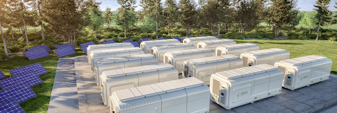 Coil coatings image showing Energy storage system containers against a backdrop of fields and solar panels 