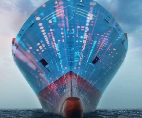 View of large ship from underneath.