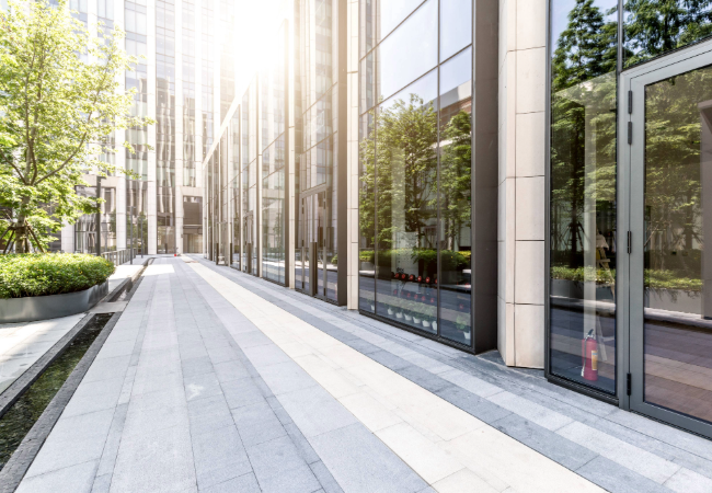 Exterior of building with black window frames