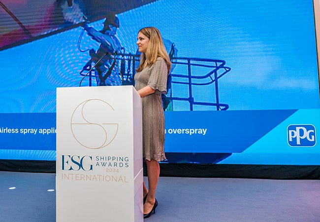Ariana Psomas, a PPG employee, speaks at the ESG Shipping Awards 2024 event