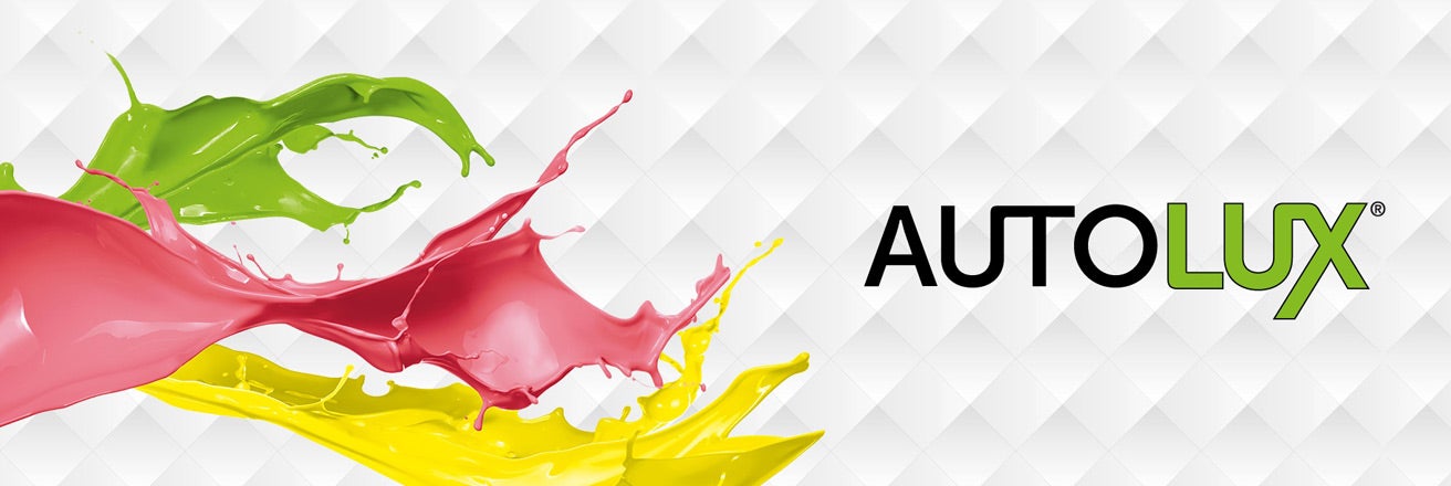 AUTOLUX logo alongside colour splash