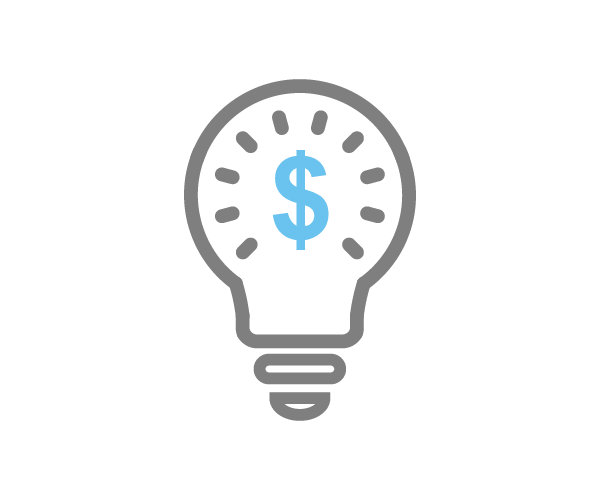 Grey lightbulb icon with blue dollar sign to represent investment