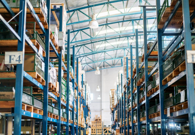 Blue metal shelves with warehouse interior
