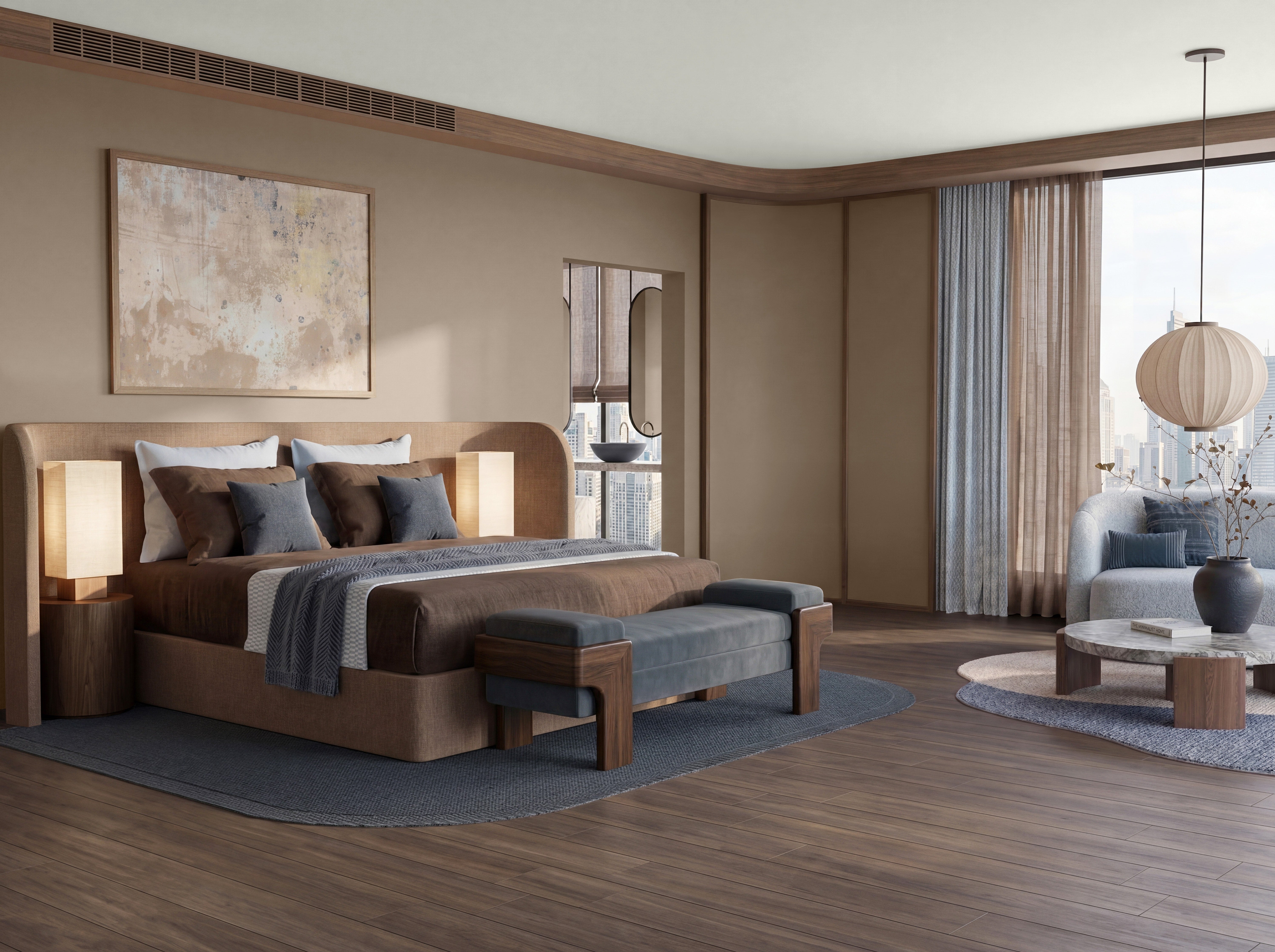 A bedroom with a bed and a chair