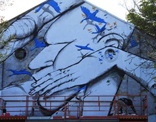 A abstract mural of a person with blue birds on the side of a building.