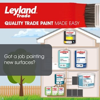 Advertisement featuring a paintbrush, a house, and cans of paint.