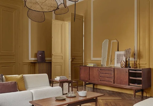 Un salon avec un canapé blanc et un meuble en bois