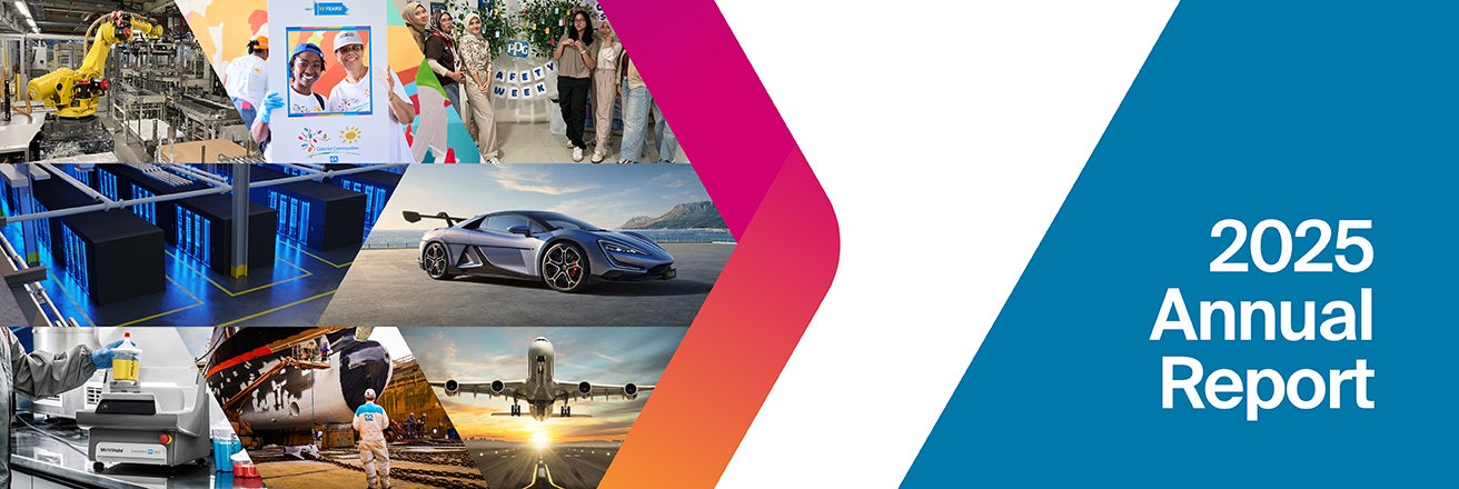 PPG Annual Report 2025 cover showing packaging, aerospace and marine coatings
