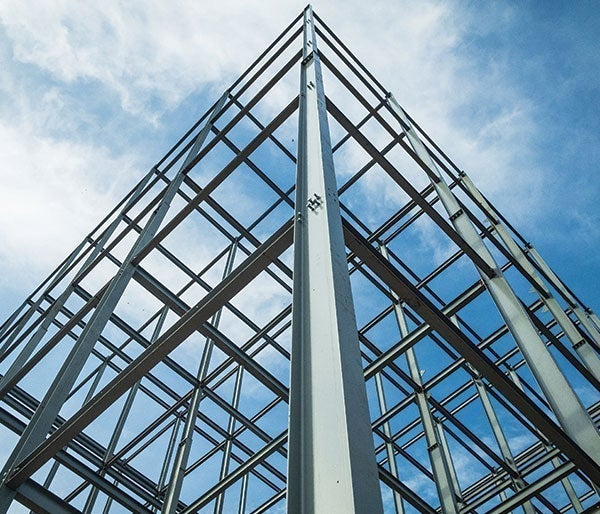 A steel frame of a building