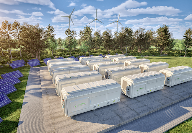 Coil coatings image showing Energy storage system containers against a backdrop of fields and solar panels 