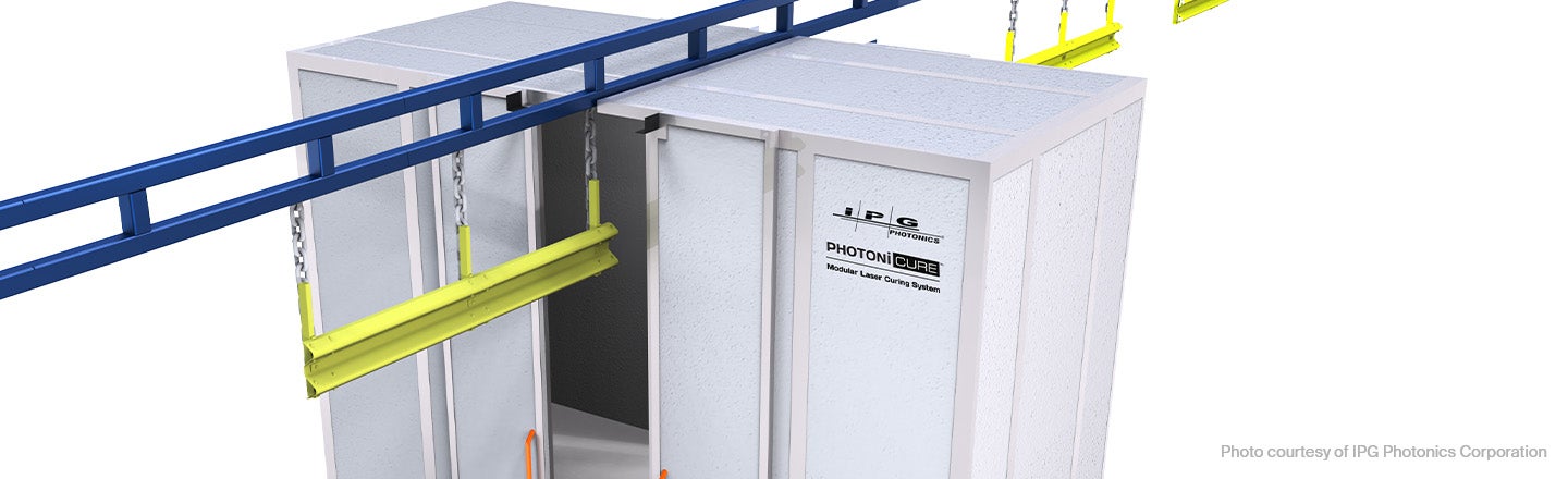 Metal container displaying stop and go doors connected to blue and yellow metal framework