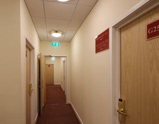 A hallway inside a hotel.