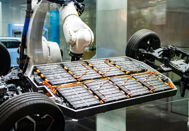 Black and orange EV battery part being manufactured