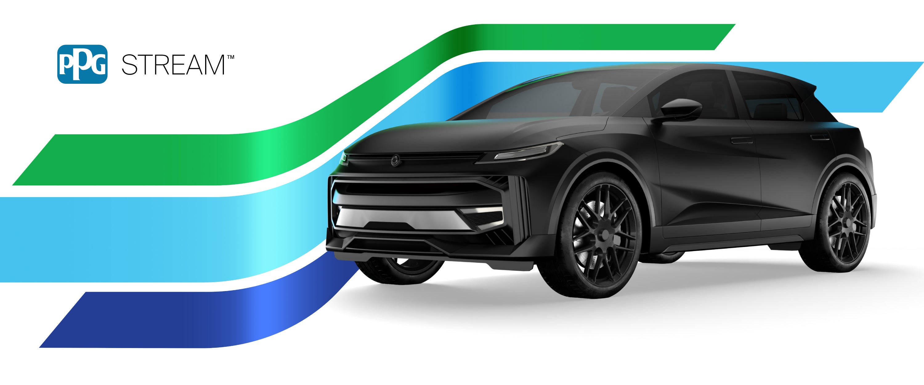 A black car with a blue and green stripe