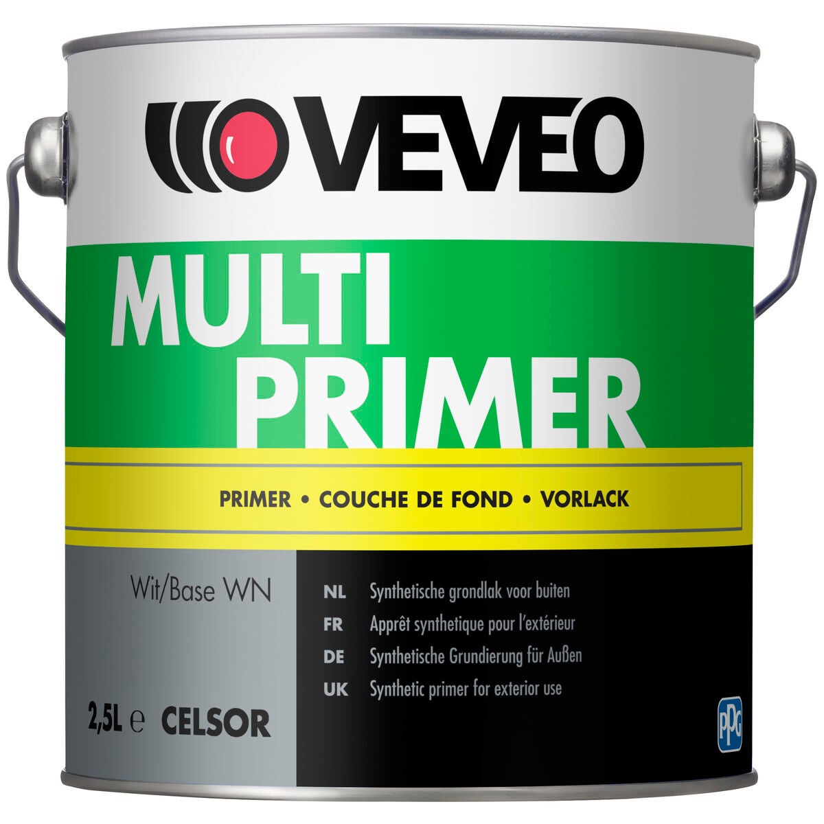 Een blik verf met een etiket