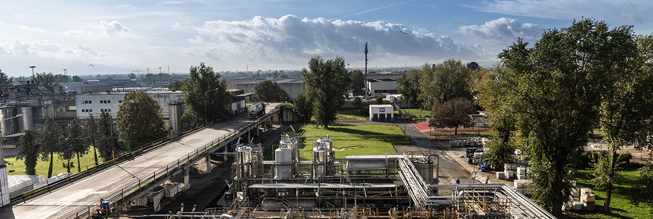 Aerial shot of factory and surrounding grounds including trees and grass