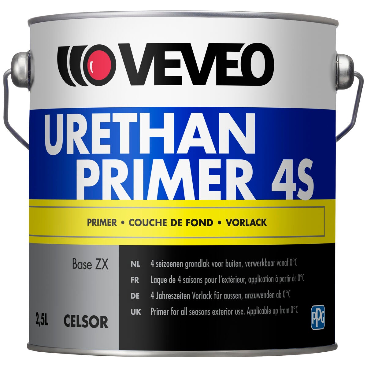 Een bus verf met een zwart geel en blauw etiket